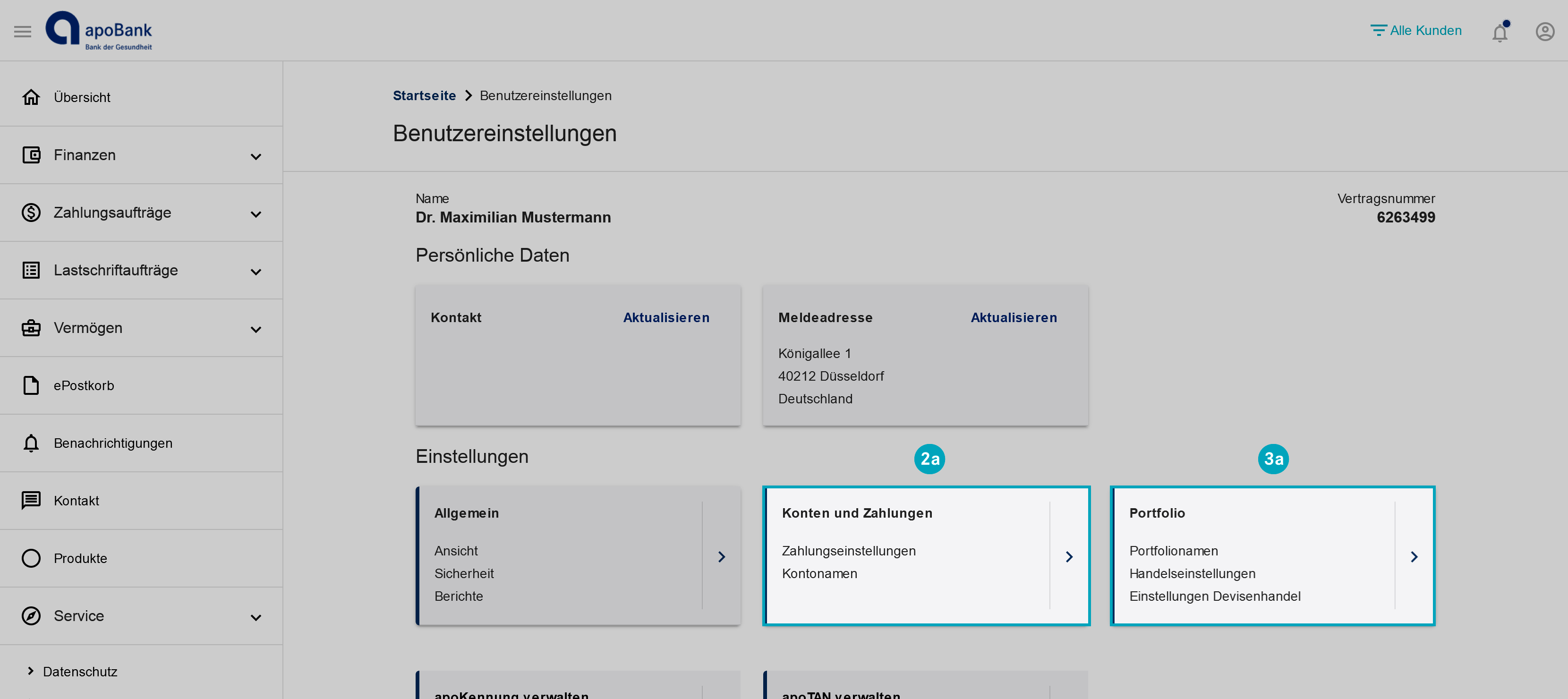 Ansicht Benutzereinstellungen, Kacheln "Konten und Zahlungen" und "Portfolio"