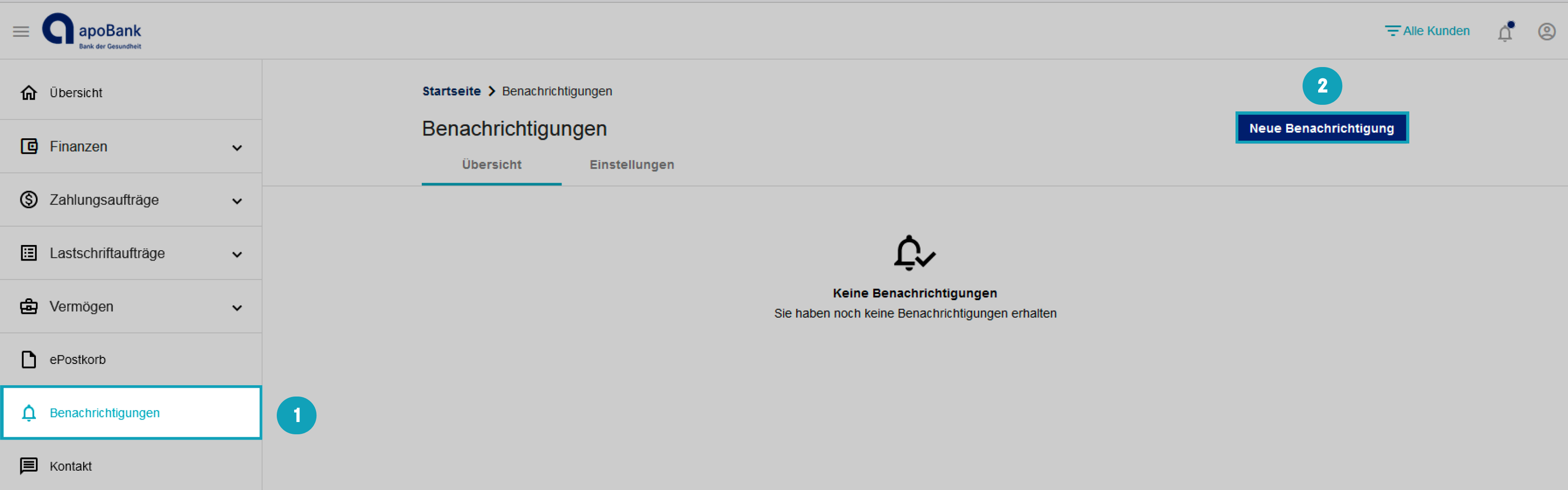 Online-Banking mit Hauptmenüpunkt “Benachrichtigungen” ausgewählt